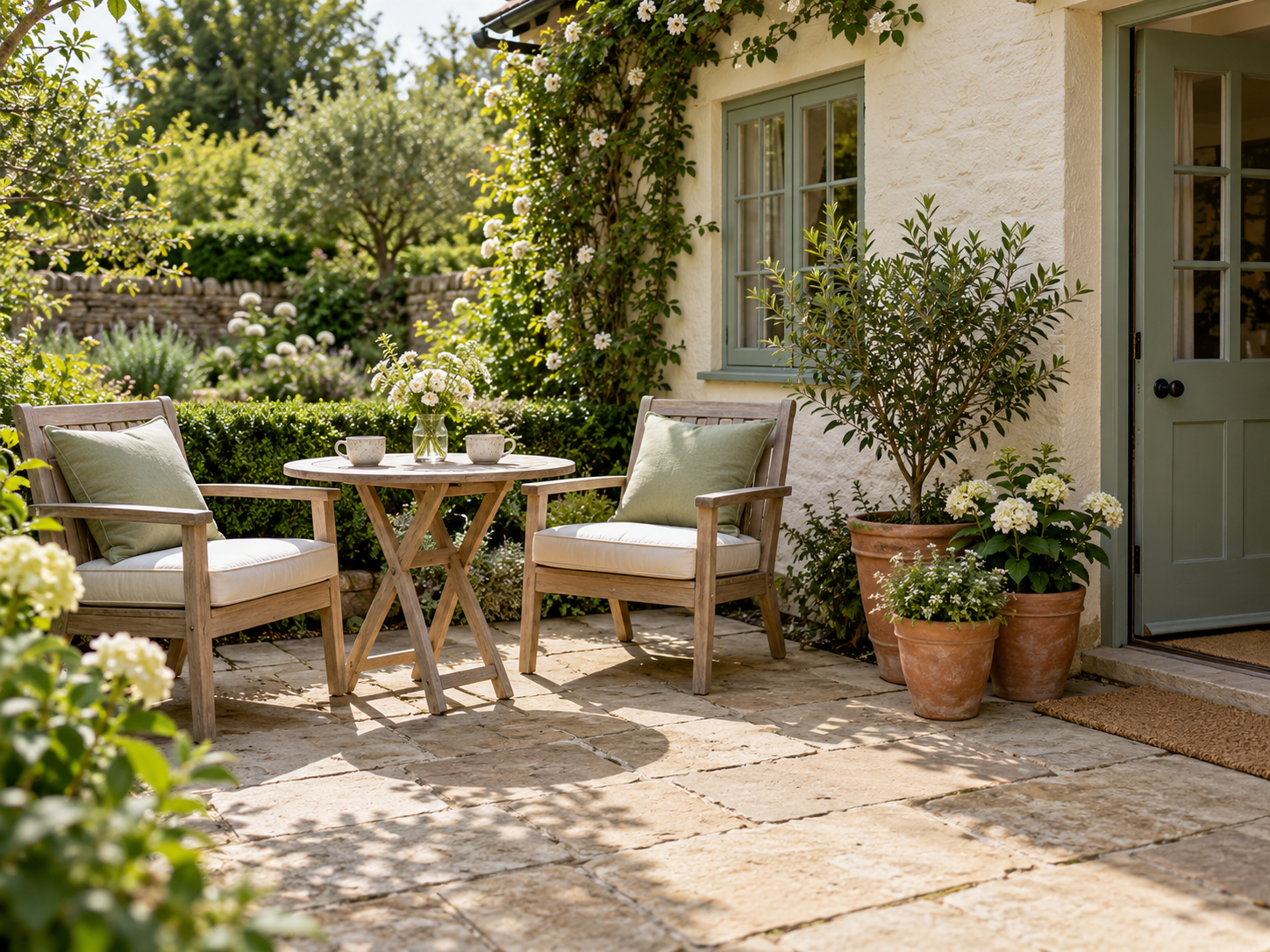 Small cottage patio with two wooden chairs, sage cushions, a round table, and terracotta pots beside a green doorway.