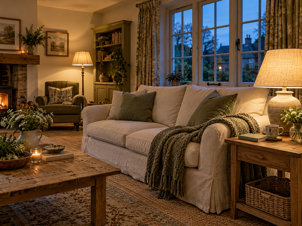Cozy living room with a cream sofa, sage cushions, and warm table and floor lamps at dusk.