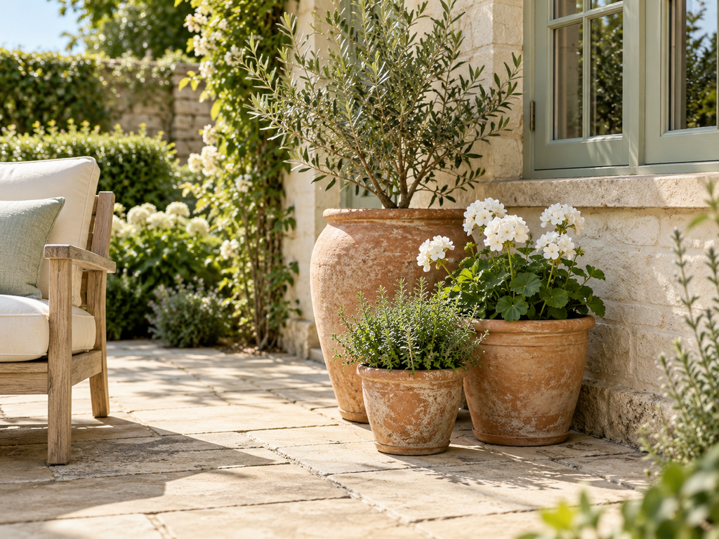 Three terracotta pots with an olive tree, white flowers, and herbs grouped beside a cottage wall.