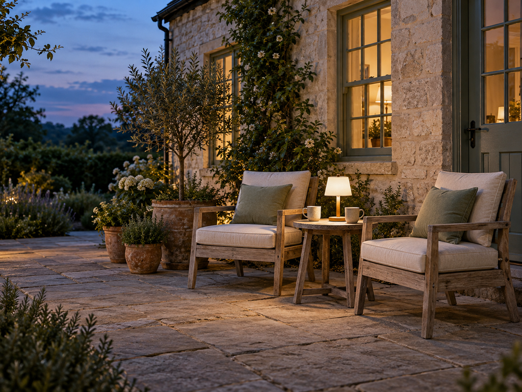 Small cottage patio at dusk with two wooden chairs, sage cushions, and a warm table lamp between them.