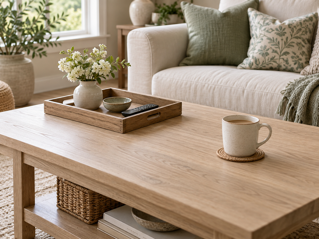 Wooden tray holding flowers, a ceramic bowl, and a remote on an oak coffee table, with a mug beside it.