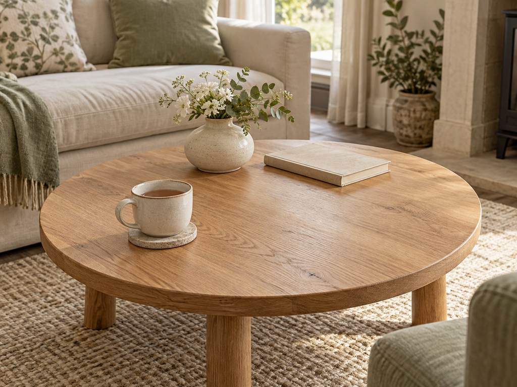 Round oak coffee table with a low vase of white flowers, a book, and a tea cup, leaving plenty of clear space.