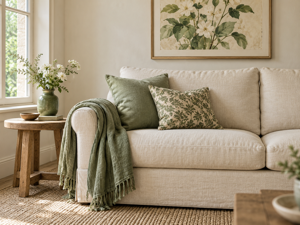Cream sofa with sage green cushions and a throw, beside a green vase and botanical artwork.