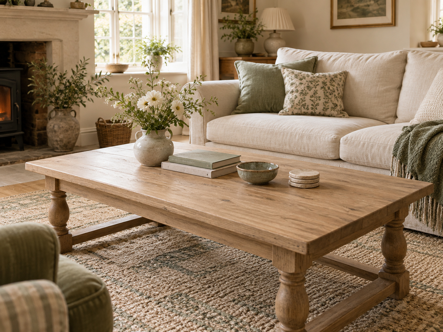 Oak coffee table styled with flowers, books, a ceramic bowl, and coasters beside a cream sofa